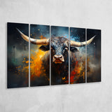 Black Bull Longhorn Painting Art 5 Panels B Canvas Prints Wall Art Home Decor, Extra Large Canvas