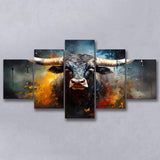 Black Bull Longhorn Painting Art 5 Panels Canvas Prints Wall Art Home Decor, Large Mixed Canvas