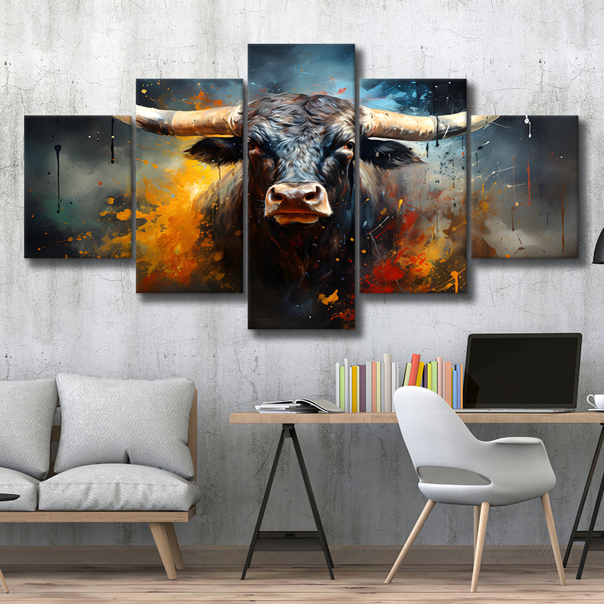Black Bull Longhorn Painting Art 5 Panels Canvas Prints Wall Art Home ...