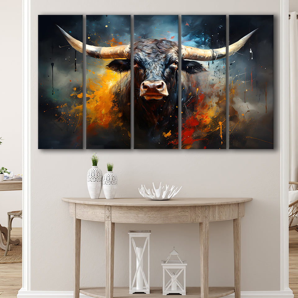 Black Bull Longhorn Painting Art 5 Panels B Canvas Prints Wall Art Home Decor, Extra Large Canvas