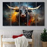 Black Bull Longhorn Painting Art 5 Panels B Canvas Prints Wall Art Home Decor, Extra Large Canvas