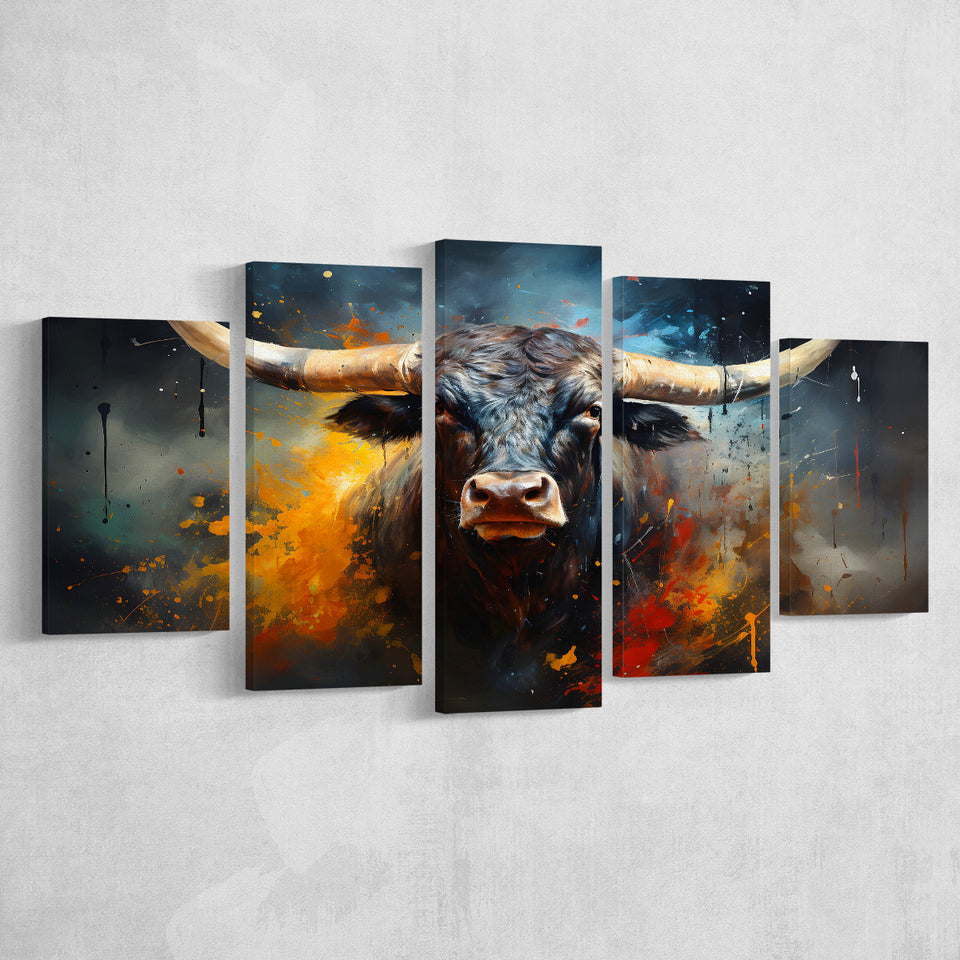 Black Bull Longhorn Painting Art 5 Panels Canvas Prints Wall Art Home Decor, Large Mixed Canvas