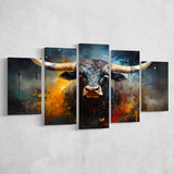 Black Bull Longhorn Painting Art 5 Panels Canvas Prints Wall Art Home Decor, Large Mixed Canvas