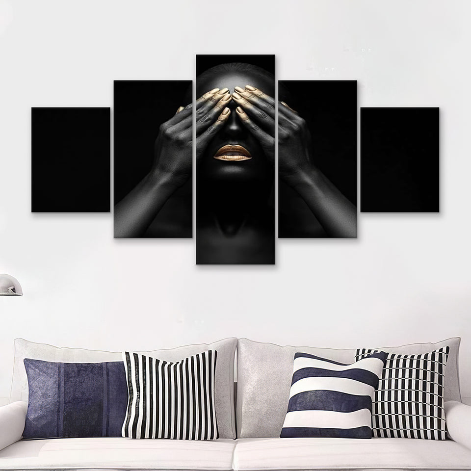 Black Girl With Golden Lips And The Gold On The Tips Of The Fingers 5 Pieces Canvas Prints Wall Art - Painting Canvas, Multi Panels, Wall Decor