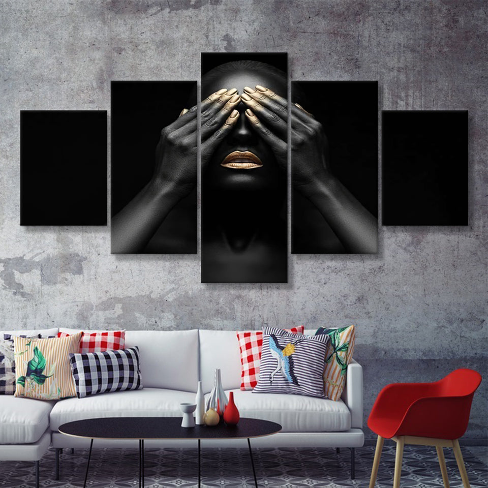 Black Girl With Golden Lips And The Gold On The Tips Of The Fingers 5 Pieces Canvas Prints Wall Art - Painting Canvas, Multi Panels, Wall Decor