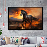 Black Horse Running In The Sunset V1 Framed Art Prints Wall Decor, Painting Art, Framed Picture