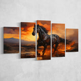 Black Horse Running In The Sunset V1 5 Panels Canvas Prints Wall Art Home Decor, Large Mixed Canvas
