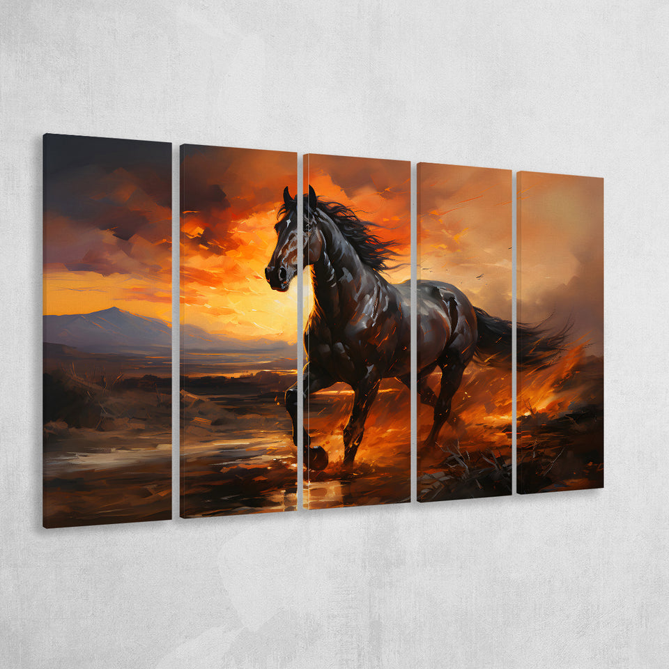 Black Horse Running In The Sunset V1 5 Panels B Canvas Prints Wall Art Home Decor, Extra Large Canvas