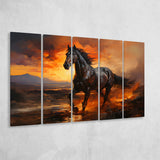 Black Horse Running In The Sunset V1 5 Panels B Canvas Prints Wall Art Home Decor, Extra Large Canvas