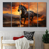 Black Horse Running In The Sunset V1 5 Panels B Canvas Prints Wall Art Home Decor, Extra Large Canvas