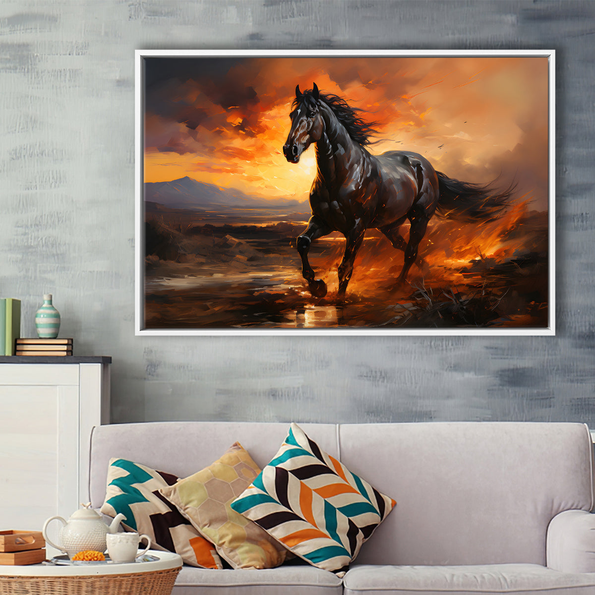 Black Horse Running In The Sunset V1 Framed Canvas Prints Wall Art