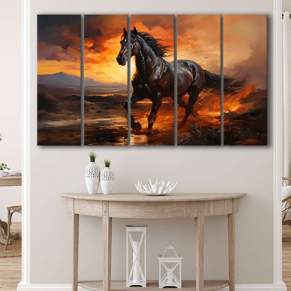 Black Horse Running In The Sunset V1 5 Panels B Canvas Prints Wall Art Home Decor, Extra Large Canvas