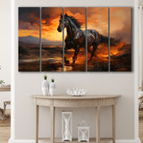 Black Horse Running In The Sunset V1 5 Panels B Canvas Prints Wall Art Home Decor, Extra Large Canvas