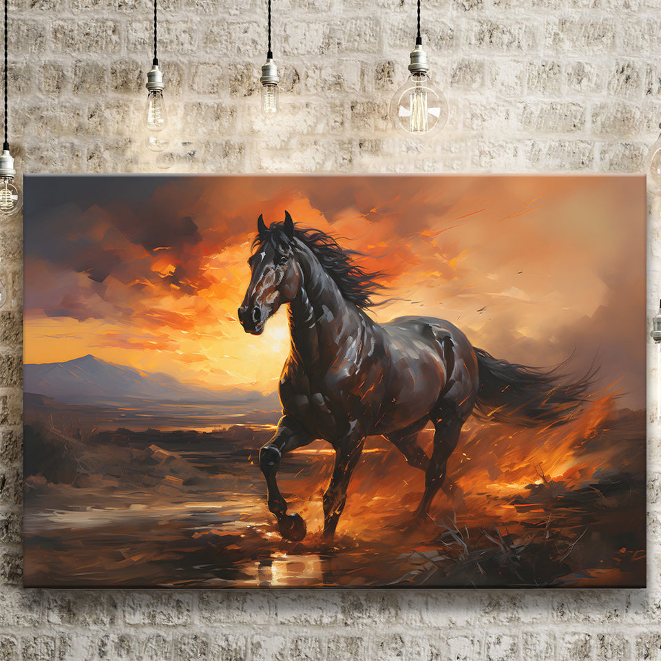 Black Horse Running In The Sunset V1 Canvas Prints Wall Art Home Decor, Painting Canvas, Living Room Wall Decor