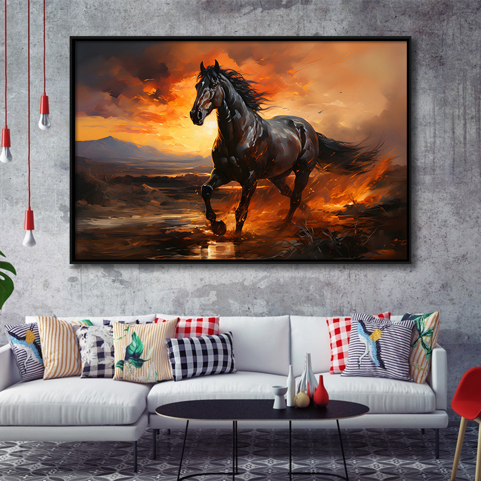 Black Horse Running In The Sunset V1 Framed Canvas Prints Wall Art Home Decor, Painting Canvas, Floating Frame