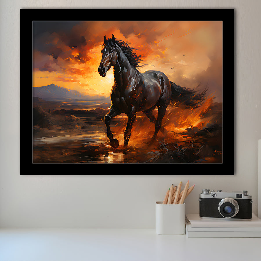 Black Horse Running In The Sunset V1 Framed Art Prints Wall Decor, Painting Art, Framed Picture