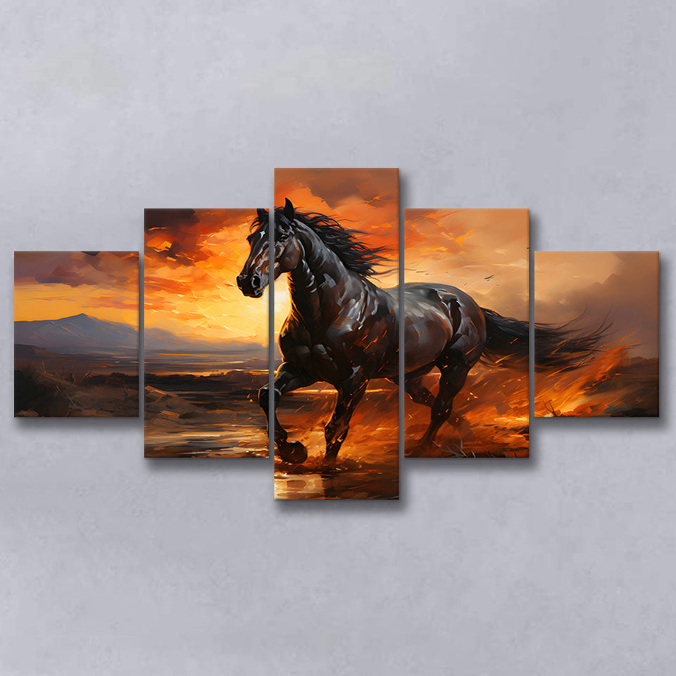 Black Horse Running In The Sunset V1 5 Panels Canvas Prints Wall Art Home Decor, Large Mixed Canvas