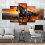 Black Horse Running In The Sunset V1 5 Panels Canvas Prints Wall Art Home Decor, Large Mixed Canvas