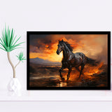 Black Horse Running In The Sunset V1 Framed Art Prints Wall Decor, Painting Art, Framed Picture
