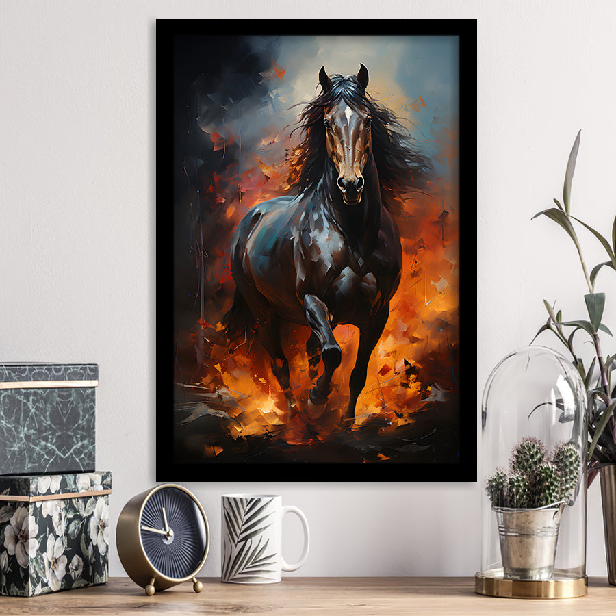 Black Horse Portrait And Fire Oil Painting V1 Framed Art Prints Wall Decor, Painting Art, Framed Picture