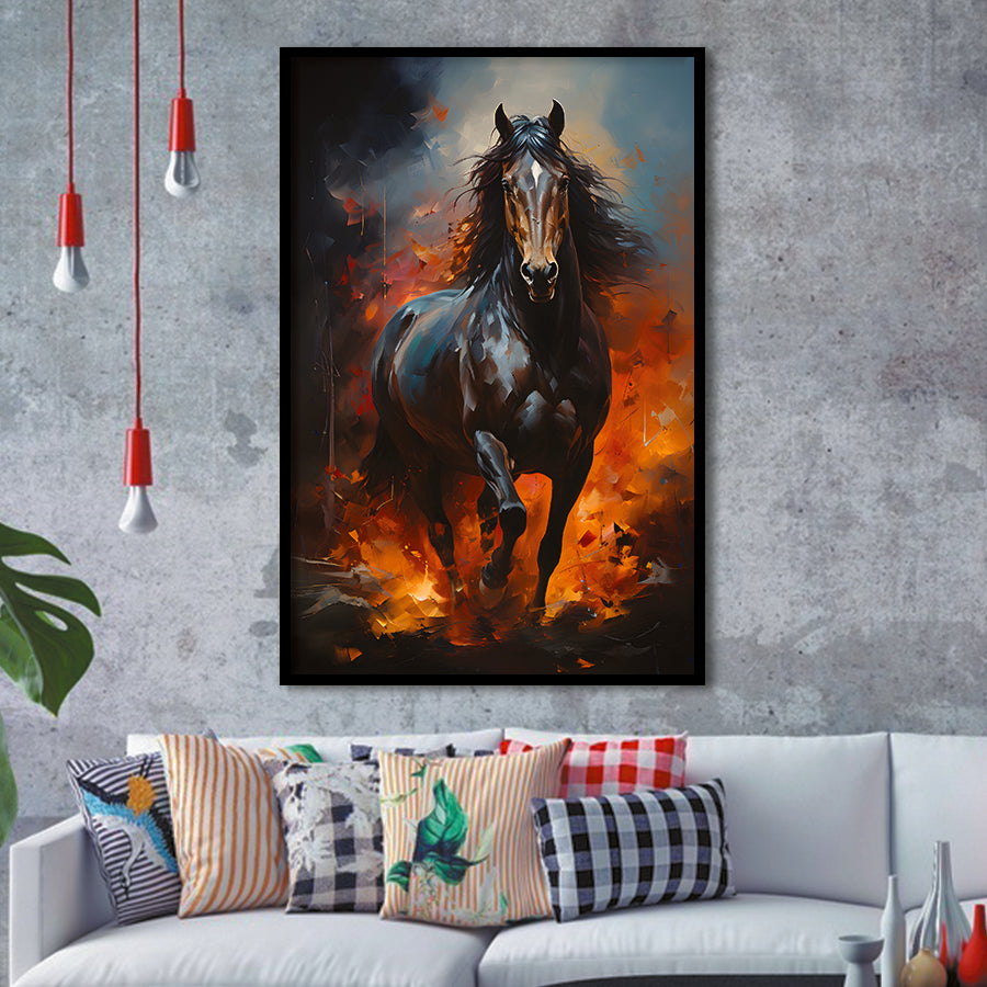 Black Horse Portrait And Fire Oil Painting V1 Framed Art Prints Wall Decor, Painting Art, Framed Picture