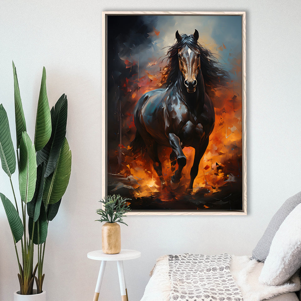 Black Horse Portrait And Fire Oil Painting V1 Framed Canvas Prints Wall Art Home Decor, Painting Canvas, Floating Frame