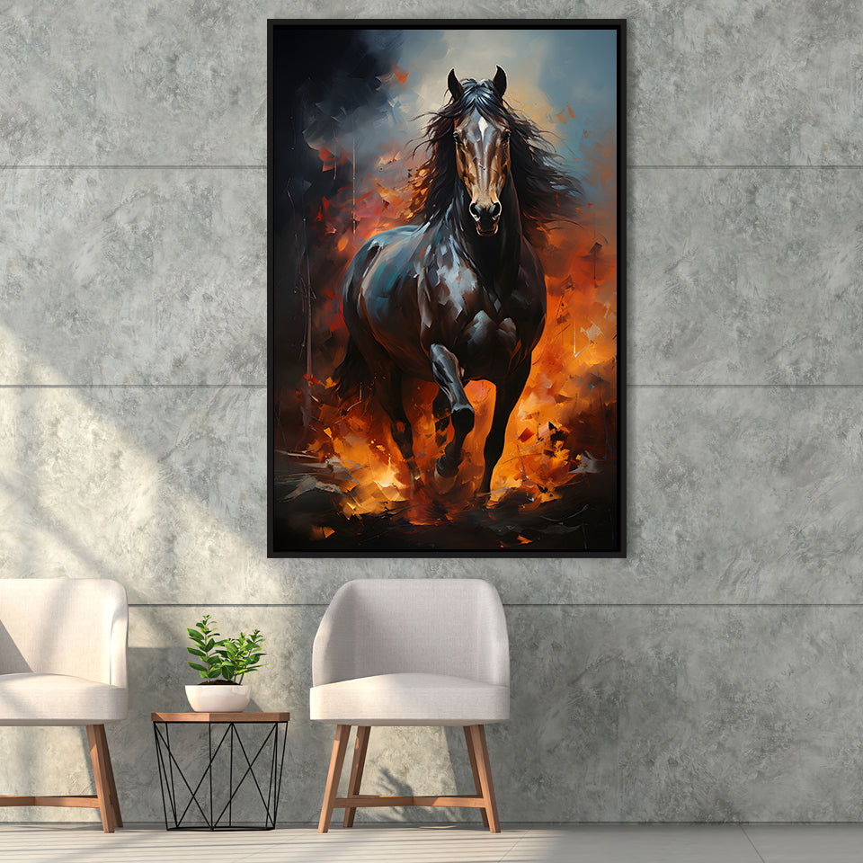Black Horse Portrait And Fire Oil Painting V1 Framed Canvas Prints Wall Art Home Decor, Painting Canvas, Floating Frame
