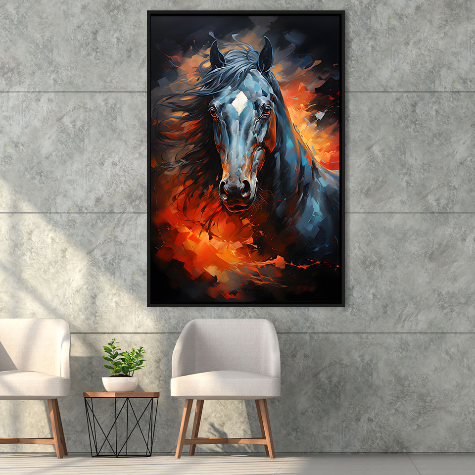 Black Horse Portrait Head Oil Painting V3 Framed Canvas Prints Wall Art Home Decor, Painting Canvas, Floating Frame