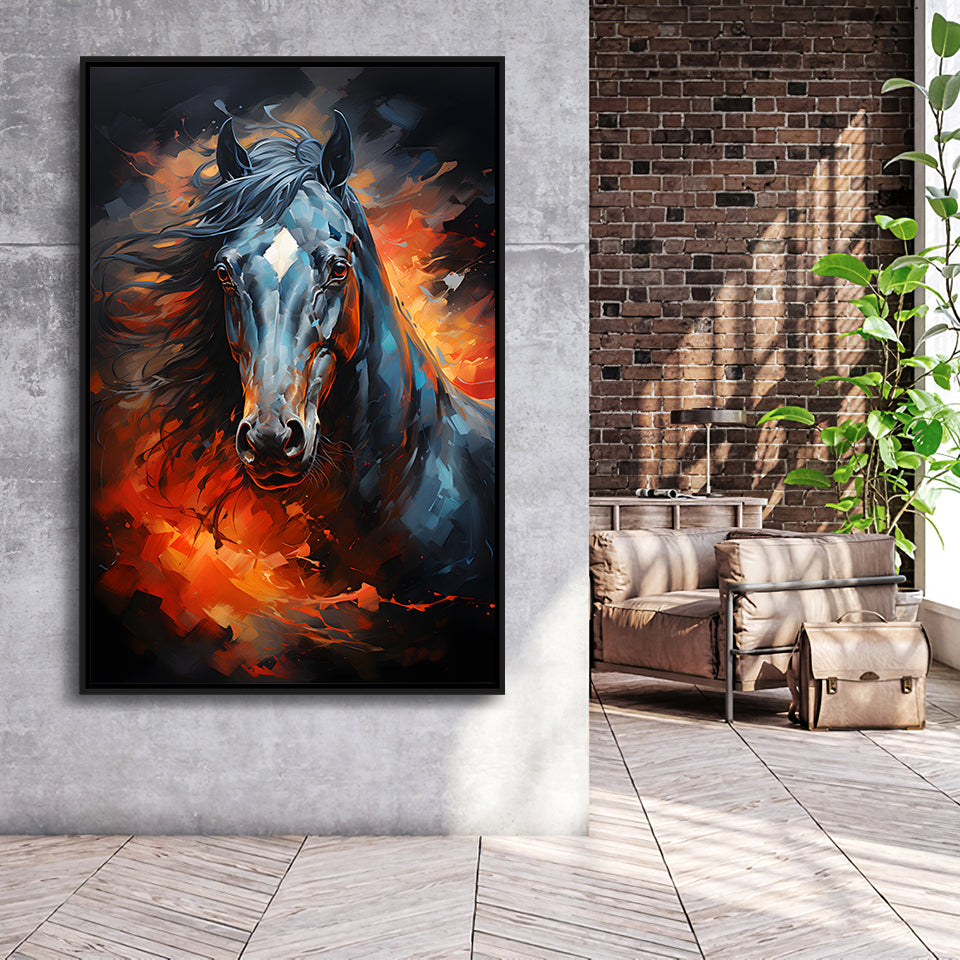 Black Horse Portrait Head Oil Painting V3 Framed Canvas Prints Wall Art Home Decor, Painting Canvas, Floating Frame