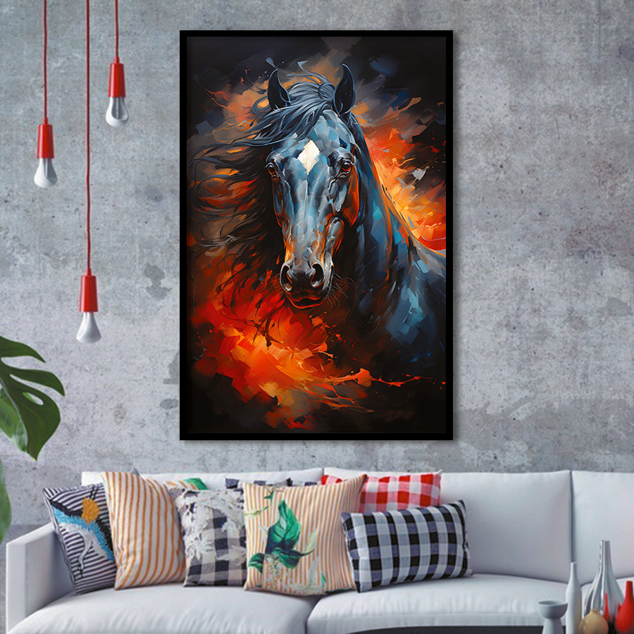 Black Horse Portrait Head Oil Painting V3 Framed Art Prints Wall Decor, Painting Art, Framed Picture