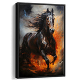 Black Horse Portrait Running Oil Painting V1 Framed Canvas Prints Wall Art Home Decor, Painting Canvas, Floating Frame