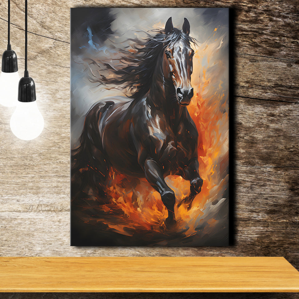 Black Horse Portrait Running Oil Painting V1 Canvas Prints Wall Art Home Decor, Painting Canvas, Living Room Wall Decor