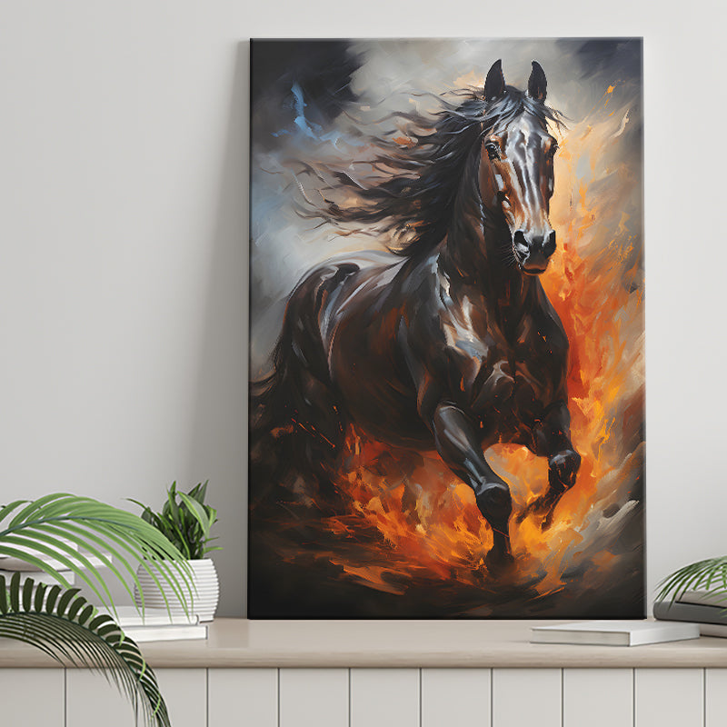 Black Horse Portrait Running Oil Painting V1 Canvas Prints Wall Art Home Decor, Painting Canvas, Living Room Wall Decor