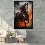 Black Horse Portrait Running Oil Painting V1 Framed Canvas Prints Wall Art Home Decor, Painting Canvas, Floating Frame