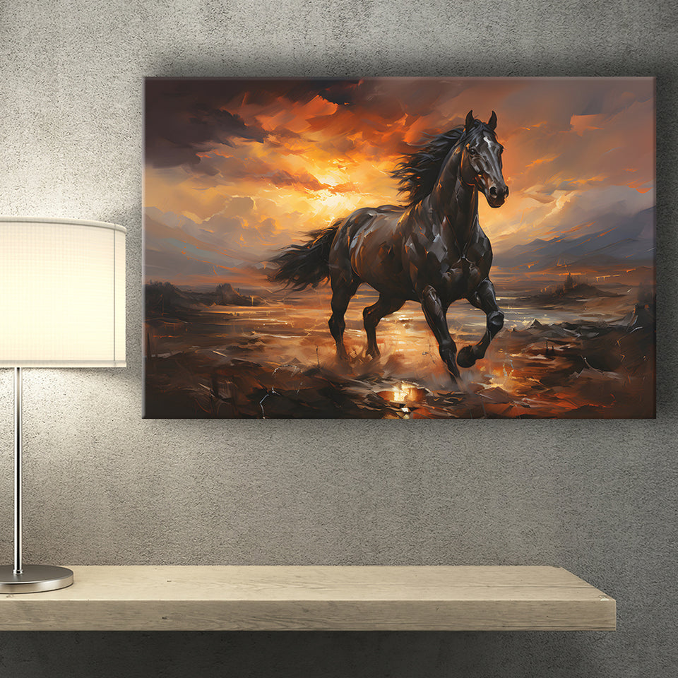 Black Horse Running In The Sunset Painting Canvas Prints Wall Art Home Decor, Painting Canvas, Living Room Wall Decor