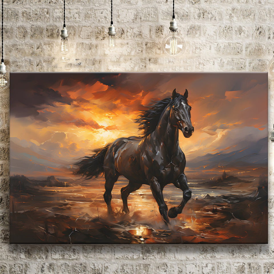 Black Horse Running In The Sunset Painting Canvas Prints Wall Art Home Decor, Painting Canvas, Living Room Wall Decor