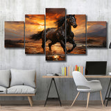 Black Horse Running In The Sunset Painting 5 Panels Canvas Prints Wall Art Home Decor, Large Mixed Canvas