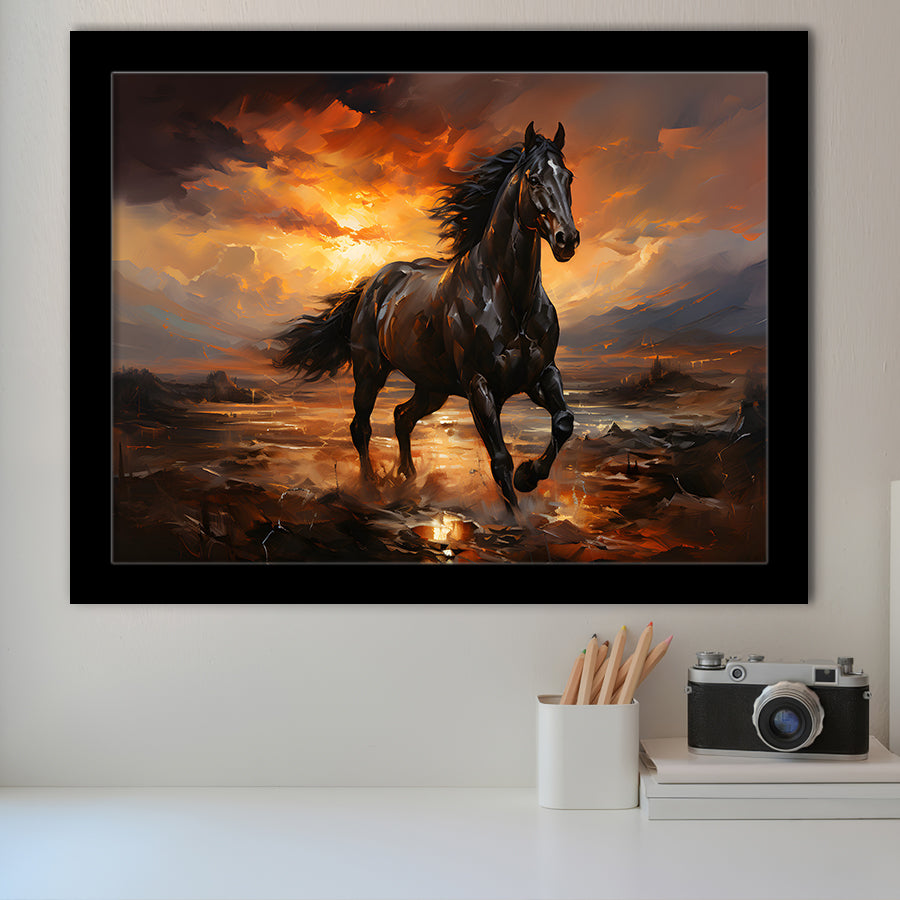 Black Horse Running In The Sunset Painting Framed Art Prints Wall Decor, Painting Art, Framed Picture