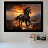Black Horse Running In The Sunset Painting Framed Art Prints Wall Decor, Painting Art, Framed Picture