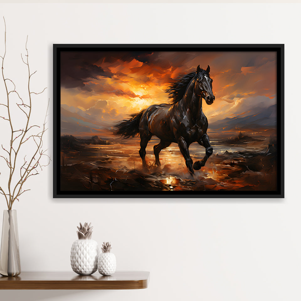 Black Horse Running In The Sunset Painting Framed Canvas Prints Wall Art Home Decor, Painting Canvas, Floating Frame