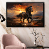 Black Horse Running In The Sunset Painting Framed Canvas Prints Wall Art Home Decor, Painting Canvas, Floating Frame