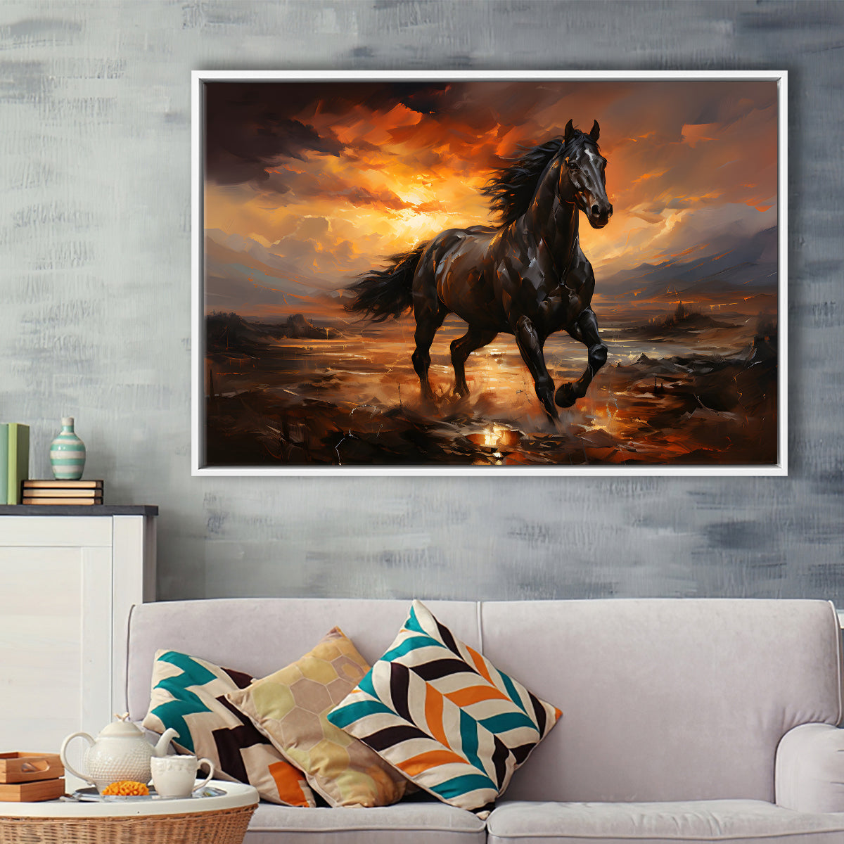 Black Horse Running In The Sunset Painting Framed Canvas Prints