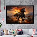 Black Horse Running In The Sunset Painting Framed Art Prints Wall Decor, Painting Art, Framed Picture
