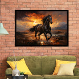 Black Horse Running In The Sunset Painting Framed Art Prints Wall Decor, Painting Art, Framed Picture