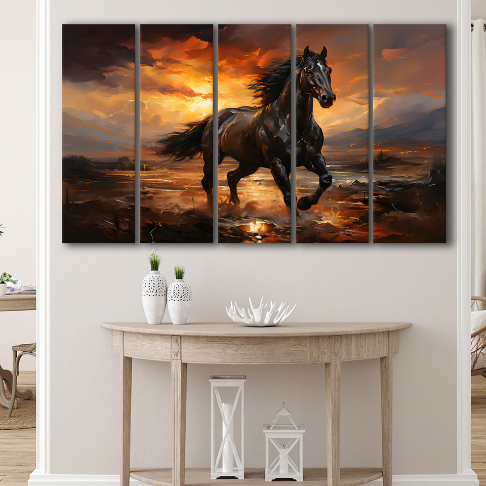 Black Horse Running In The Sunset Painting 5 Panels B Canvas Prints Wall Art Home Decor, Extra Large Canvas
