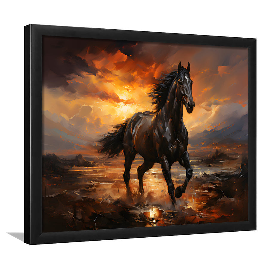 Black Horse Running In The Sunset Painting Framed Art Prints Wall Decor, Painting Art, Framed Picture