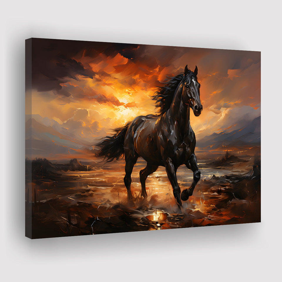 Black Horse Running In The Sunset Painting Canvas Prints Wall Art Home Decor, Painting Canvas, Living Room Wall Decor