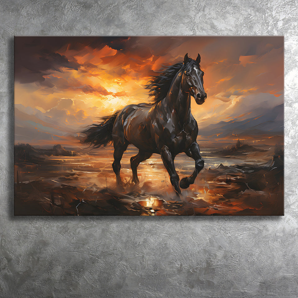 Black Horse Running In The Sunset Painting Canvas Prints Wall Art Home Decor, Painting Canvas, Living Room Wall Decor