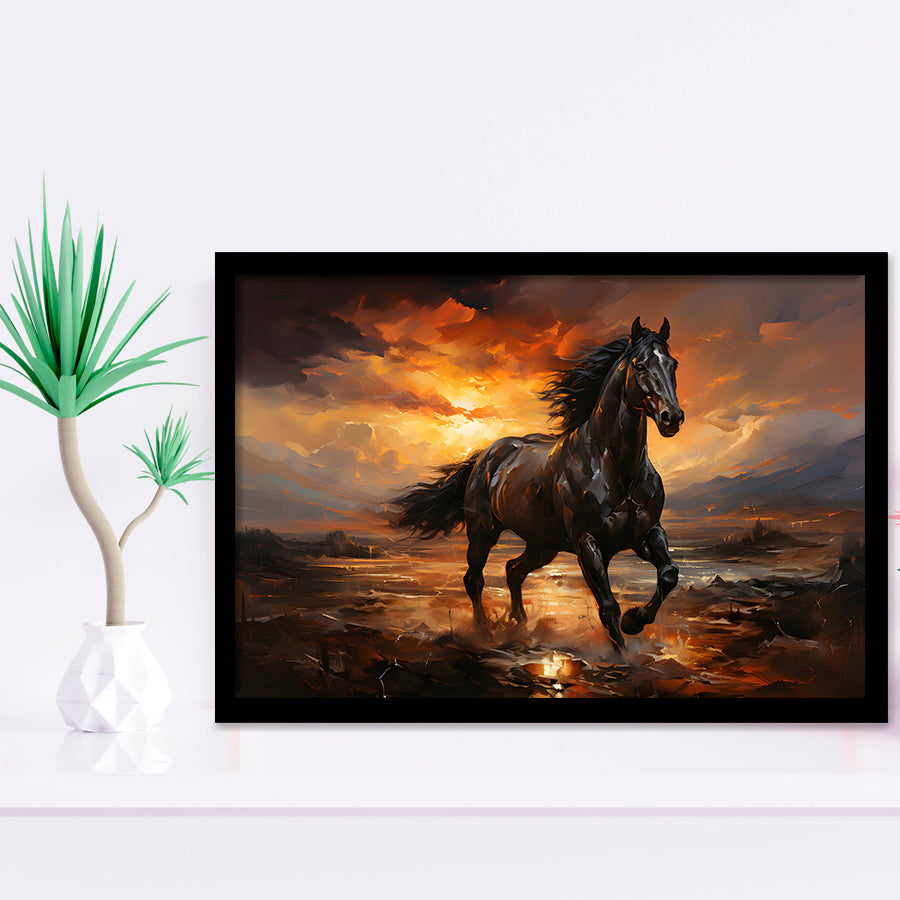 Black Horse Running In The Sunset Painting Framed Art Prints Wall Decor, Painting Art, Framed Picture