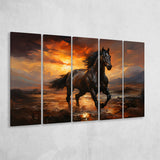 Black Horse Running In The Sunset Painting 5 Panels B Canvas Prints Wall Art Home Decor, Extra Large Canvas